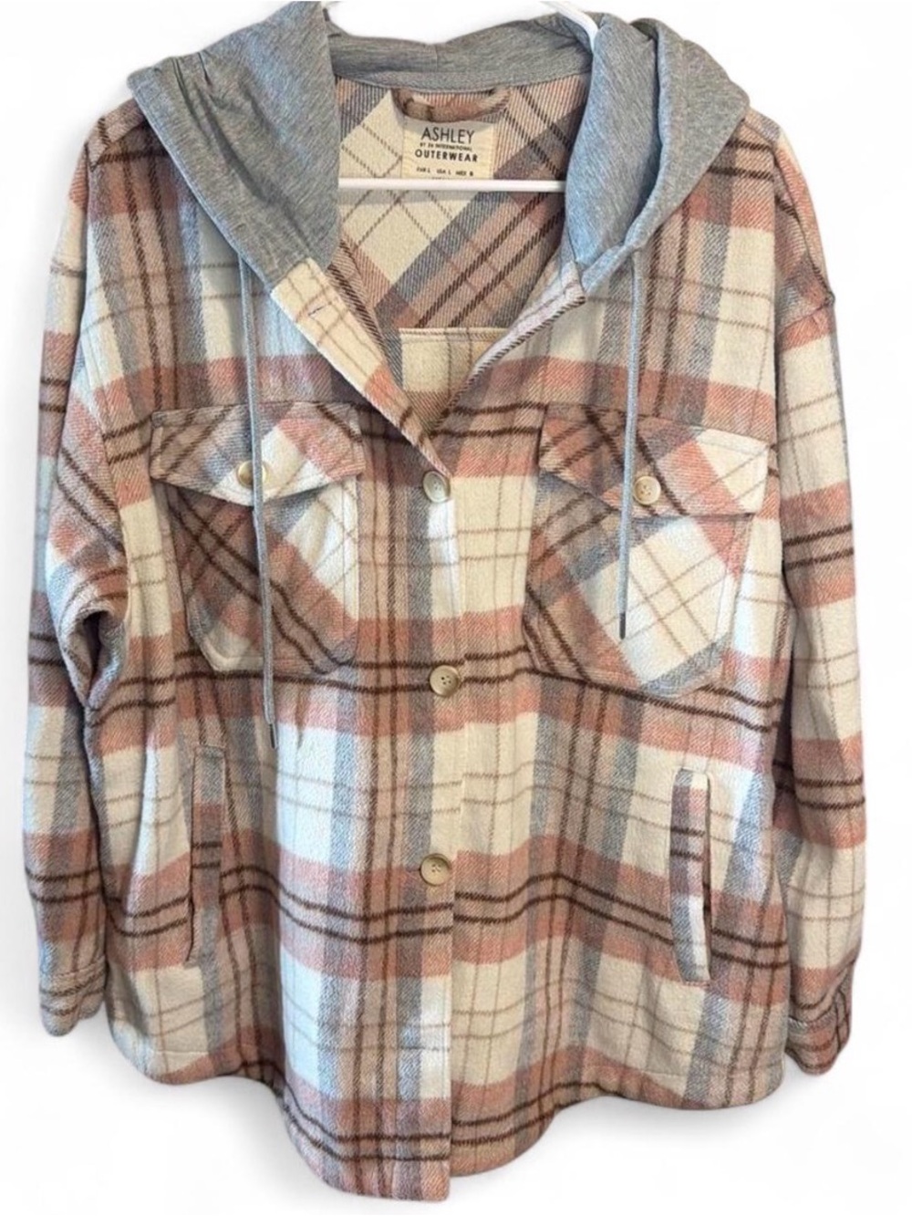 Ashley By 26 International Plaid Hooded Jacket - Cream & Brown